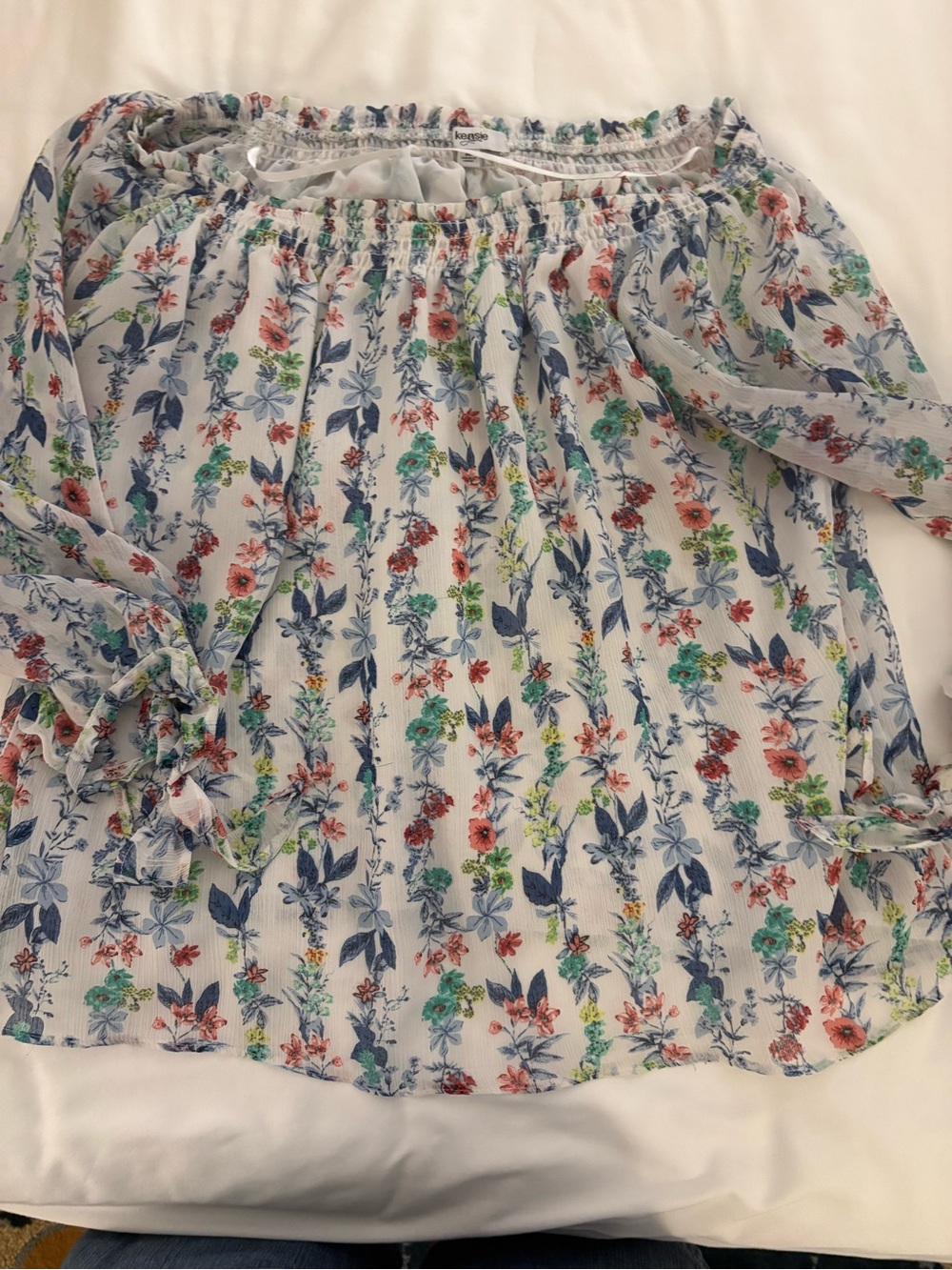 Kensie White Floral Off-Shoulder Blouse with Blue, Green and Coral Prints